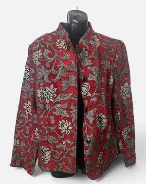 Portrait Women's Red & Silver Floral Tapestry Stand Collar Jacket XL